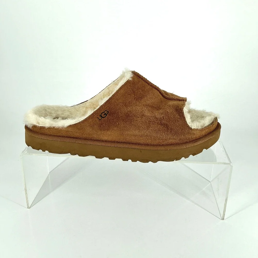 UGG Womens Size 11 Open Toe Chestnut Suede Sheepskin Slides Greenport Slippers - Picture 11 of 11